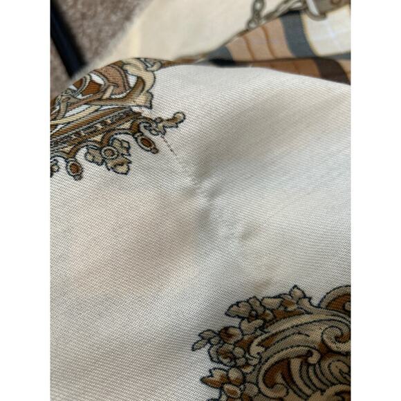 Women's large blanket scarf raw hem beige/tan/brown chain detail scrolling - Picture 7 of 8